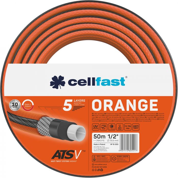 Шланг садовий Cellfast ORANGE 1/2' 50м 5 шарів до 24бар -10…50°C