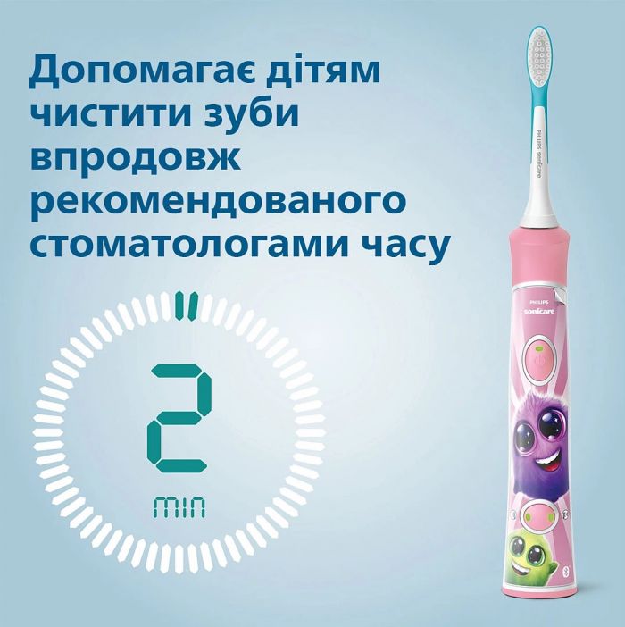 Щітка зубна електр. Philips, Sonicare For Kids, для дітей, 62т. колив/хв, насадок-2, Bluetooth, рожевий