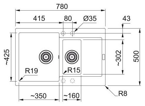 Кухонна мийка Franke Maris, фраграніт, прямокут., з крилом, 780х500х200мм, чаша-2, накладна, сірий камінь