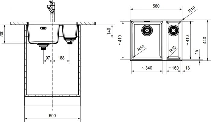 Мийка кухонна Franke Sirius, тектонайт, прямокутник, без крила, 560х435х200мм, чаша - 1,5, під стільницю, SID 160, чорний
