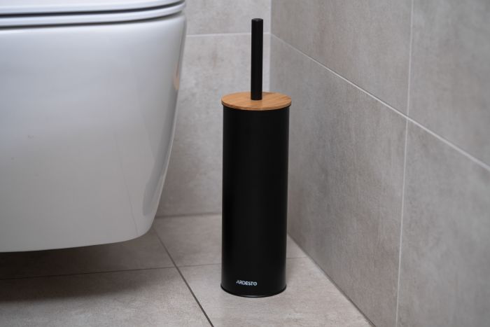 Набір щітка для унітазу з підставкою Ardesto Minimalism 9.5x27.5/38см, метал, поліпропілен, бамбук, чорний