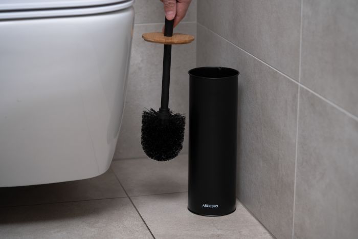 Набір щітка для унітазу з підставкою Ardesto Minimalism 9.5x27.5/38см, метал, поліпропілен, бамбук, чорний