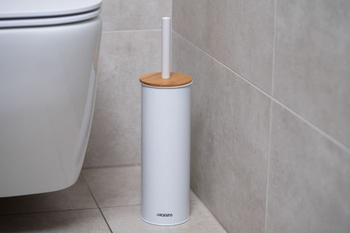 Набір щітка для унітазу з підставкою Ardesto Minimalism 9.5x27.5/38см, метал, поліпропілен, бамбук, білий