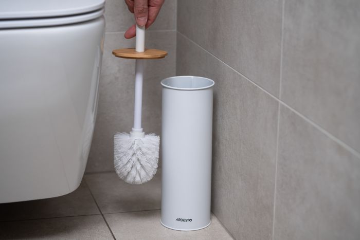 Набір щітка для унітазу з підставкою Ardesto Minimalism 9.5x27.5/38см, метал, поліпропілен, бамбук, білий