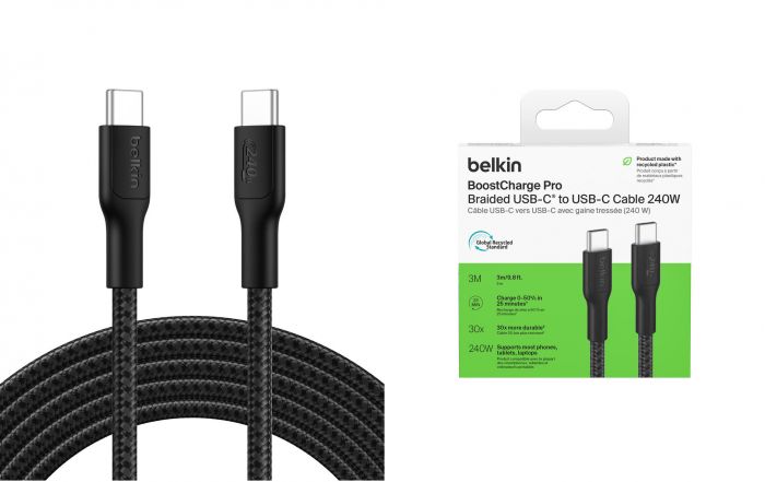 Кабель USB-C > USB-C заряджання/синхронізації Belkin 3м, 240Вт, Type-C, плетений, чорний