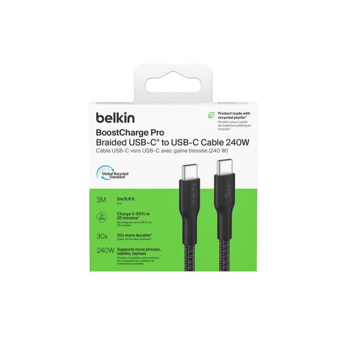 Кабель USB-C > USB-C заряджання/синхронізації Belkin 3м, 240Вт, Type-C, плетений, чорний