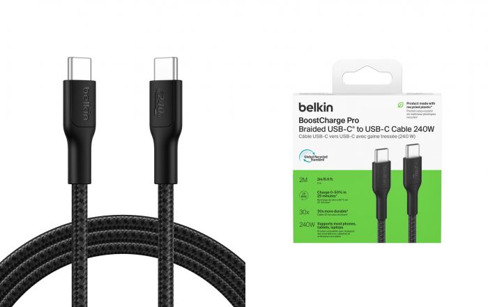 Кабель USB-C > USB-C заряджання/синхронізації Belkin 2м, 240Вт, Type-C, плетений, чорний