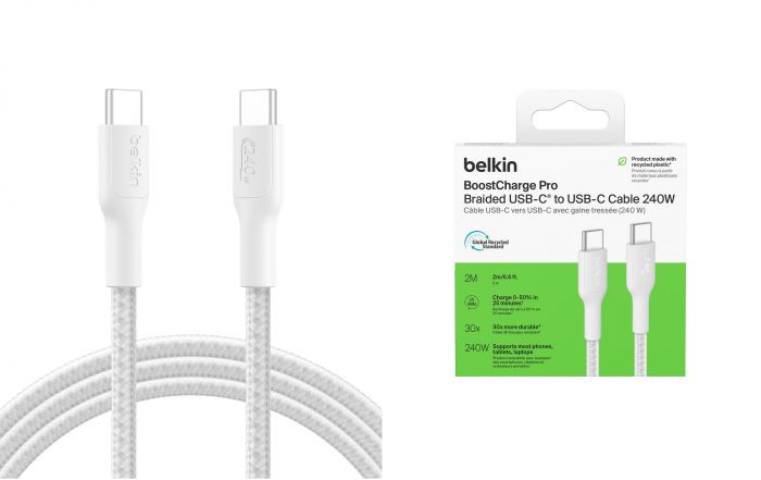 Кабель USB-C > USB-C заряджання/синхронізації Belkin 2м, 240Вт, Type-C, плетений, білий