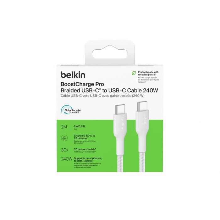 Кабель USB-C > USB-C заряджання/синхронізації Belkin 2м, 240Вт, Type-C, плетений, білий