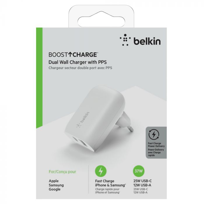 Зарядний пристрій мережевий Belkin 37Вт USB-C PD PPS 25Вт, USB-A 12Вт, білий