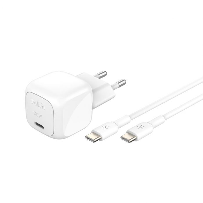 Зарядний пристрій мережевий Belkin 30Вт USB-С PD PPS, кабель USB-С > USB-C, 1м, PVC, білий