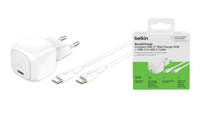 Зарядний пристрій мережевий Belkin 30Вт USB-С PD PPS, кабель USB-С > USB-C, 1м, PVC, білий