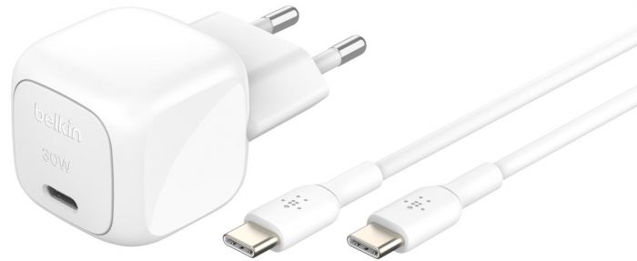 Зарядний пристрій мережевий Belkin 30Вт USB-С PD PPS, кабель USB-С > USB-C, 1м, PVC, білий