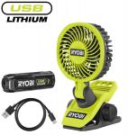 Вентилятор акумуляторний кліпса Ryobi USB Lithium RCF4-120G 4В акб 1х2А·год 3800об·хв обертання 325° поворот 180° 2 швидкості 0.29кг