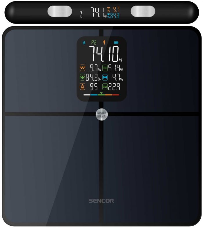 Ваги Sencor підлогові діагностичні, 180кг, підсвіч., дисплея, підкл. до смартфону, 4хAAA, скло, темно-синій