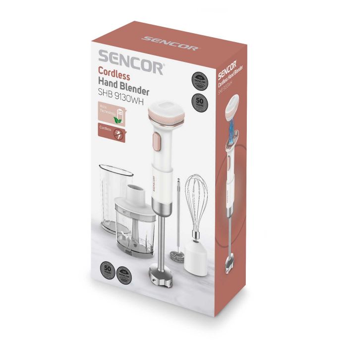 Блендер Sencor заглибний Pulse, 180Вт, 4в1, чаша-700мл, безпровідний, USB-C, капучинатор, біло-рожевий