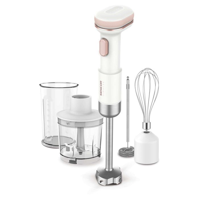 Блендер Sencor заглибний Pulse, 180Вт, 4в1, чаша-700мл, безпровідний, USB-C, капучинатор, біло-рожевий