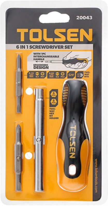 Викрутка Tolsen, набір, бітотримач, змінні двосторонні викруткові наконечники, SL5ммхРН1, SL6ммхРН2, НХ6.35мм, НХ8мм