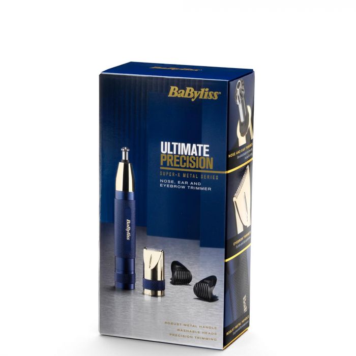 Тример Babyliss, для брів, вусів, носа та вух, 1хАА, насадок-3, чохол, сталь, синій