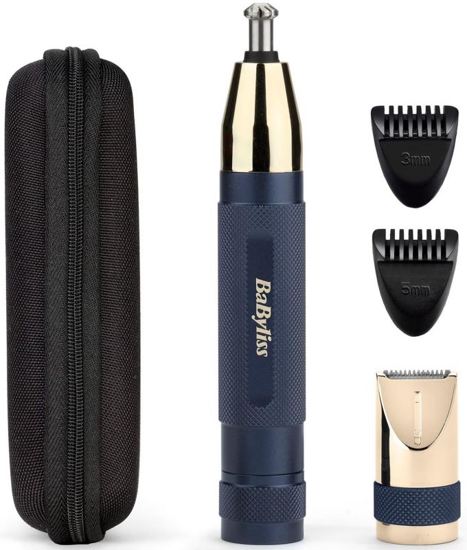 Тример Babyliss, для брів, вусів, носа та вух, 1хАА, насадок-3, чохол, сталь, синій