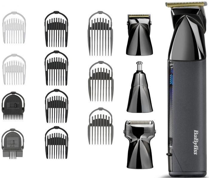 Набір для стрижки Babyliss Super-X Metal Black Edition, для голови, вусів, бороди,носа і тіла, акум., насадок-15, сумка для зберігання, підставка, сталь, чорний