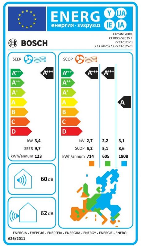 Кондиціонер Bosch Climate 7000i 35м2 інвертор 12000BTU 3.4кВт A+++/A+++ -30°С Wi-Fi R32 білий