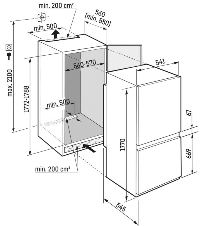 Холодильник Liebherr вбудований з нижн. мороз., 177x54.5х54.1, холод.відд.-182л, мороз.відд.-80л, 2дв., A+, ST, диспл внутр., білий