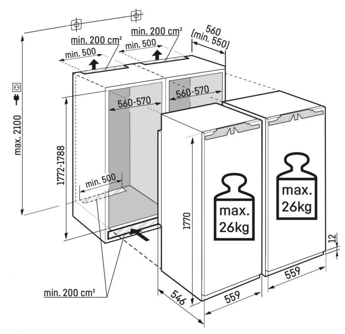Холодильник Liebherr вбудований SBS, 177x111.8х54.6, холод.відд.-307л, мороз.відд.-209л, 2дв., A+/A++, NF, диспл внутр., білий