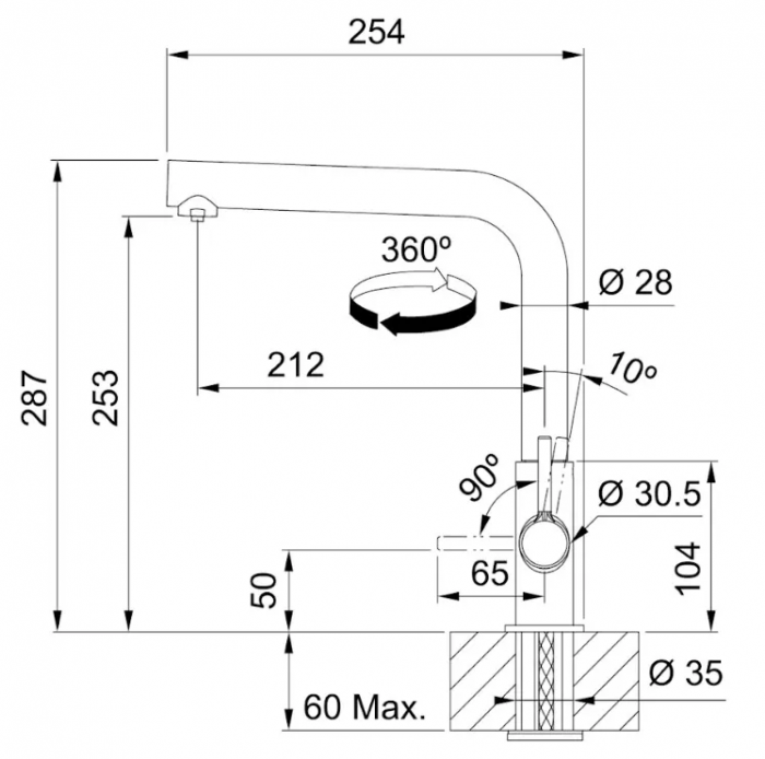 Змішувач для кухні Franke Lina L Clear Water 2.0, довж.виливу - 254 мм, поворотний, 1 важіль , чорний матовий