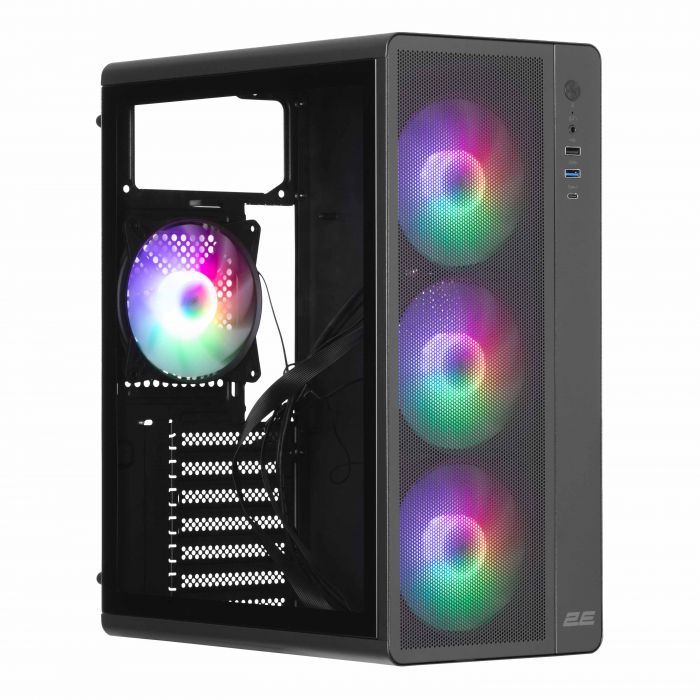 Корпус 2E GAMING Credo Plus V510B без БЖ, 1xUSB3.0, 1х USB 2.0, 1xUSB Type-C, 4x120мм RGB Rainbow, VGA 310мм, TG Side Panel, ATX, чорний
