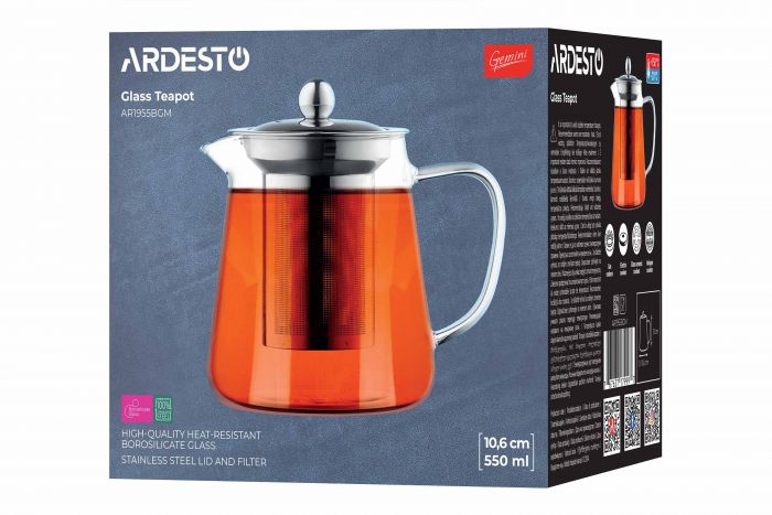 Заварник Ardesto Gemini Milano 550мл, боросилікатне скло, нержавіюча сталь, прозорий