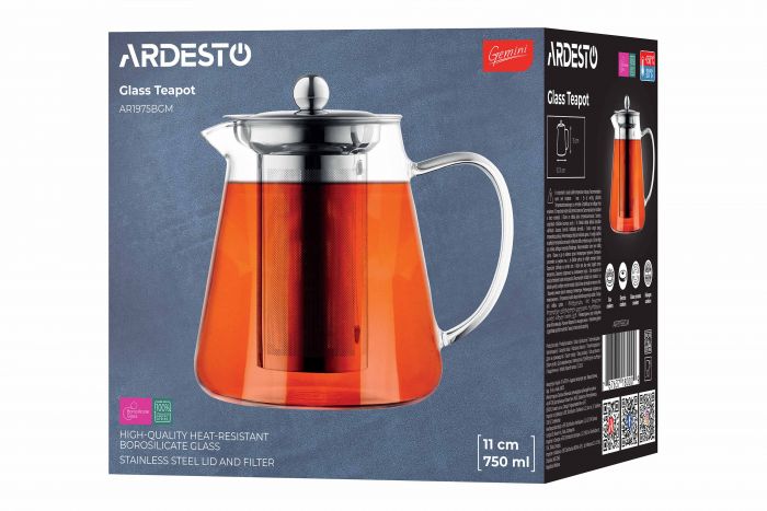 Заварник Ardesto Gemini Milano 750мл, боросилікатне скло, нержавіюча сталь, прозорий