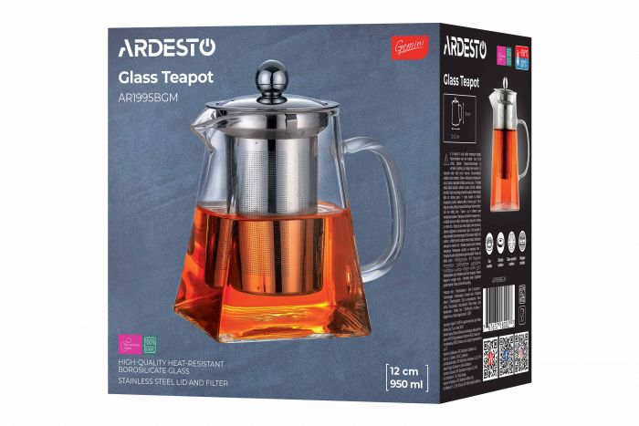 Заварник Ardesto Gemini Roma 950мл, боросилікатне скло, нержавіюча сталь, прозорий