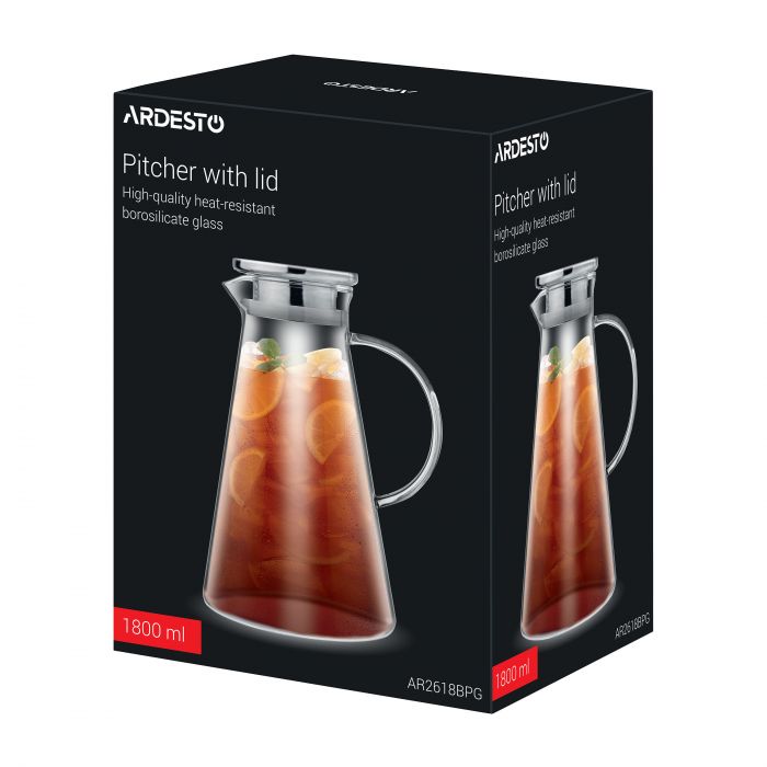 Глечик з кришкою Ardesto 1800мл, боросилікатне скло, нержавіюча сталь, прозорий