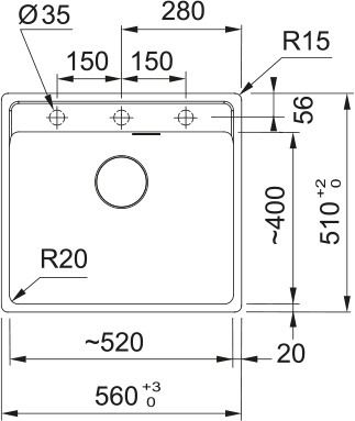Мийка кухонна Franke Maris, фраграніт, прямокутник, без крила, 560х510х200мм, чаша - 1, врізна, MRG 610-52 TL, чорний матовий