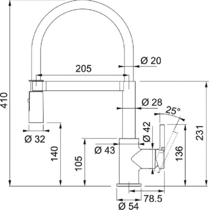 Змішувач для кухні Franke Lina L Shape, довж.виливу - 218мм, душ, поворотний, 1важіль, чорний матовий