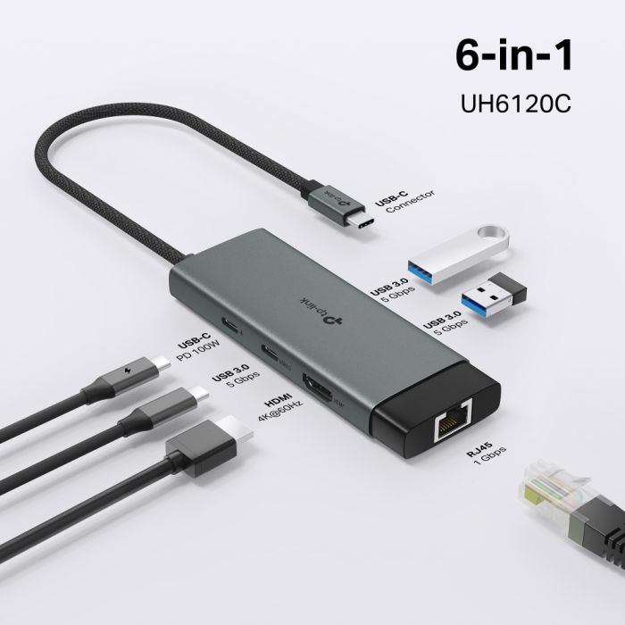 Хаб USB TP-LINK UH6120C USB-A > 2xUSB3.0/1xUSB-C/1xHDMI/1xRJ-45/1xPD 100Wh