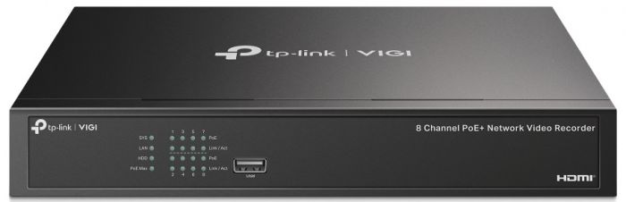 IP-Відеореєстратор TP-LINK VIGI NVR1008H-8MP, 8 каналів Poe, 2xUSB, H265+, 1xHDD, до 16 ТБ, чорний