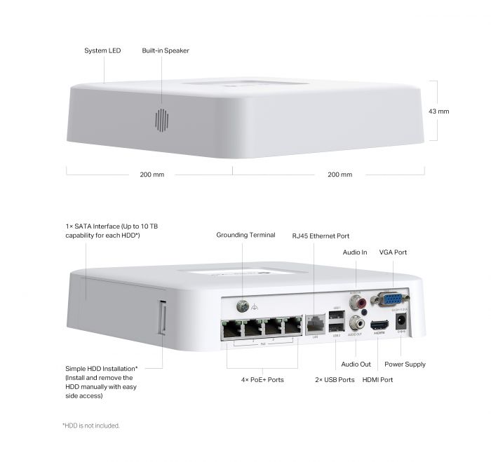 IP-Відеореєстратор TP-LINK VIGI NVR1104H-4P, 4 канали Poe, 2xUSB, H265+, 1xHDD, до 16 ТБ, білий