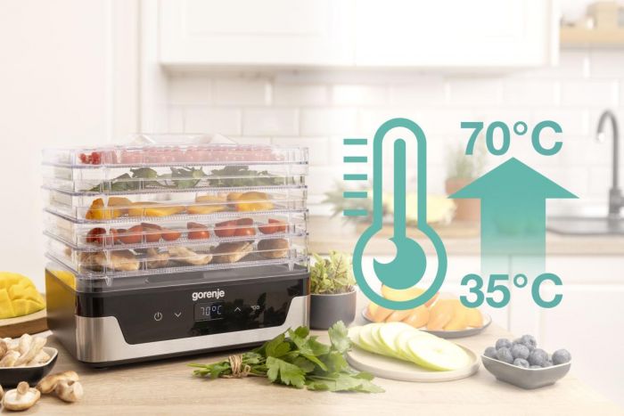 Сушарка для продуктів Gorenje 230Вт, піддонів - 5x2.8см, діаметр - 29см, макс - 75°С, електр.упр,білий
