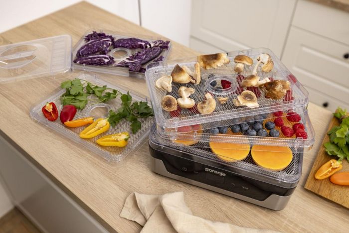 Сушарка для продуктів Gorenje 230Вт, піддонів - 5x2.8см, діаметр - 29см, макс - 75°С, електр.упр,білий