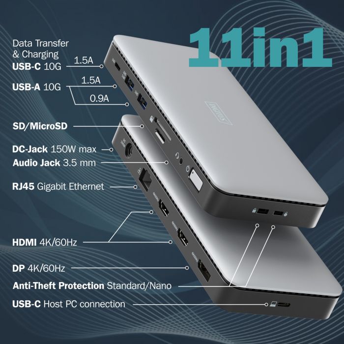 Док-станція DIGITUS USB-C > 2xHDMI/DP/2xUSB-A/USB-C/SD/MicroSD/RJ54/DC/Audio