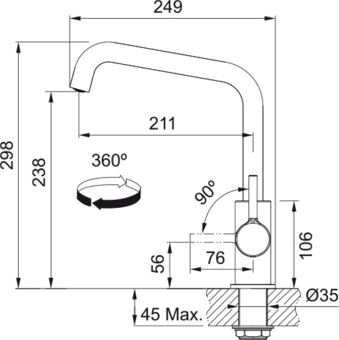 Змішувач для кухні Franke Lina U, довж.виливу - 211мм, поворотний, 1важіль, хром