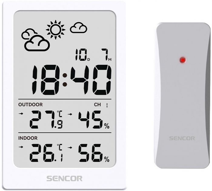 Метеостанція Sencor, внутр/зовн вимірювання, AAAx2+AAx2, темп-ра, вологість, час, білий