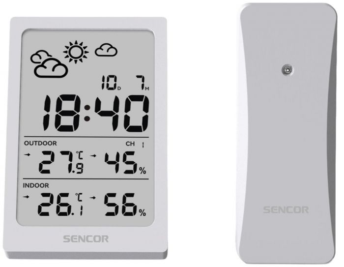 Метеостанція Sencor, внутр/зовн вимірювання, AAAx2+AAx2, темп-ра, вологість, час, білий
