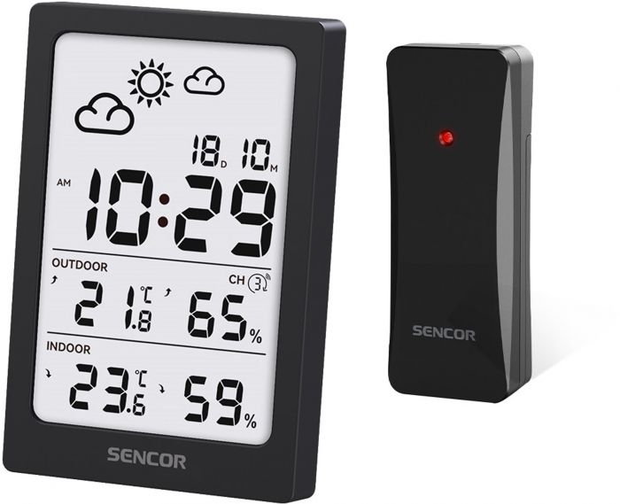 Метеостанція Sencor, внутр/зовн вимірювання, AAAx2+AAx2, темп-ра, вологість, час, чорний