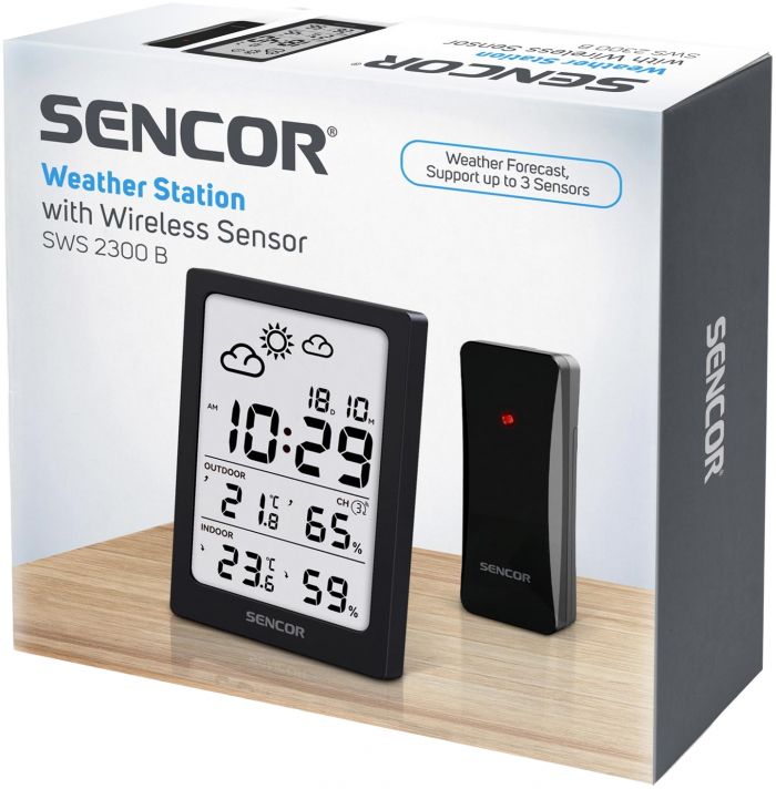 Метеостанція Sencor, внутр/зовн вимірювання, AAAx2+AAx2, темп-ра, вологість, час, чорний
