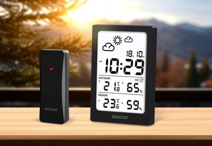 Метеостанція Sencor, внутр/зовн вимірювання, AAAx2+AAx2, темп-ра, вологість, час, чорний