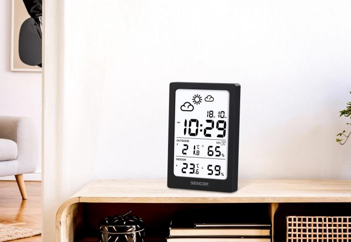 Метеостанція Sencor, внутр/зовн вимірювання, AAAx2+AAx2, темп-ра, вологість, час, чорний