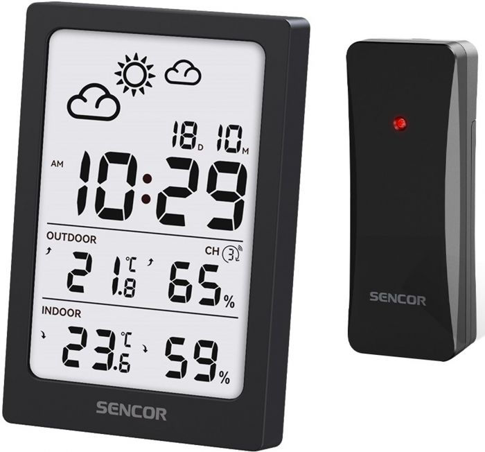 Метеостанція Sencor, внутр/зовн вимірювання, AAAx2+AAx2, темп-ра, вологість, час, чорний